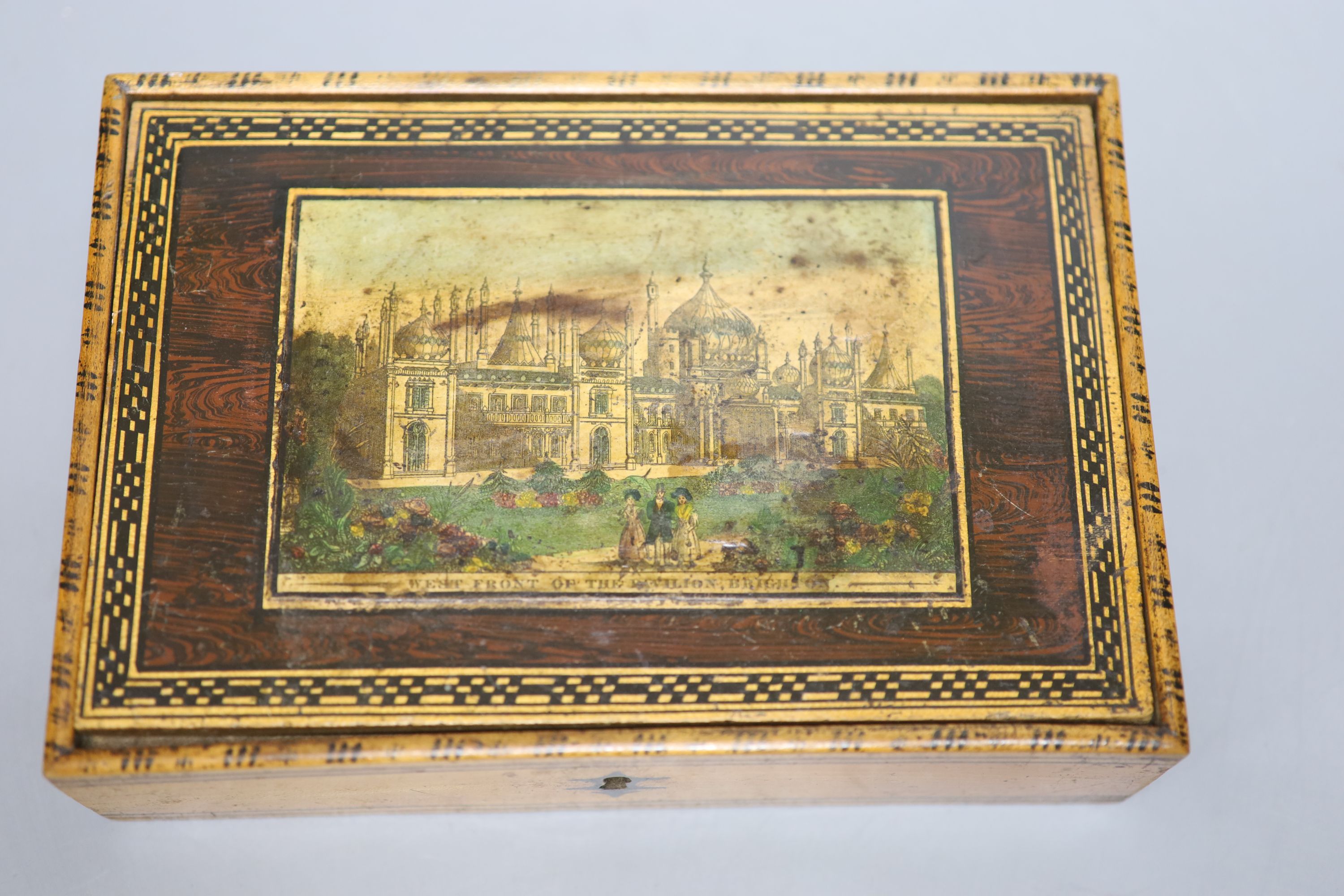 An early Tunbridge ware 'West Front of the Pavilion Brighton' sycamore box, probably Wise, c.1820, 22cm